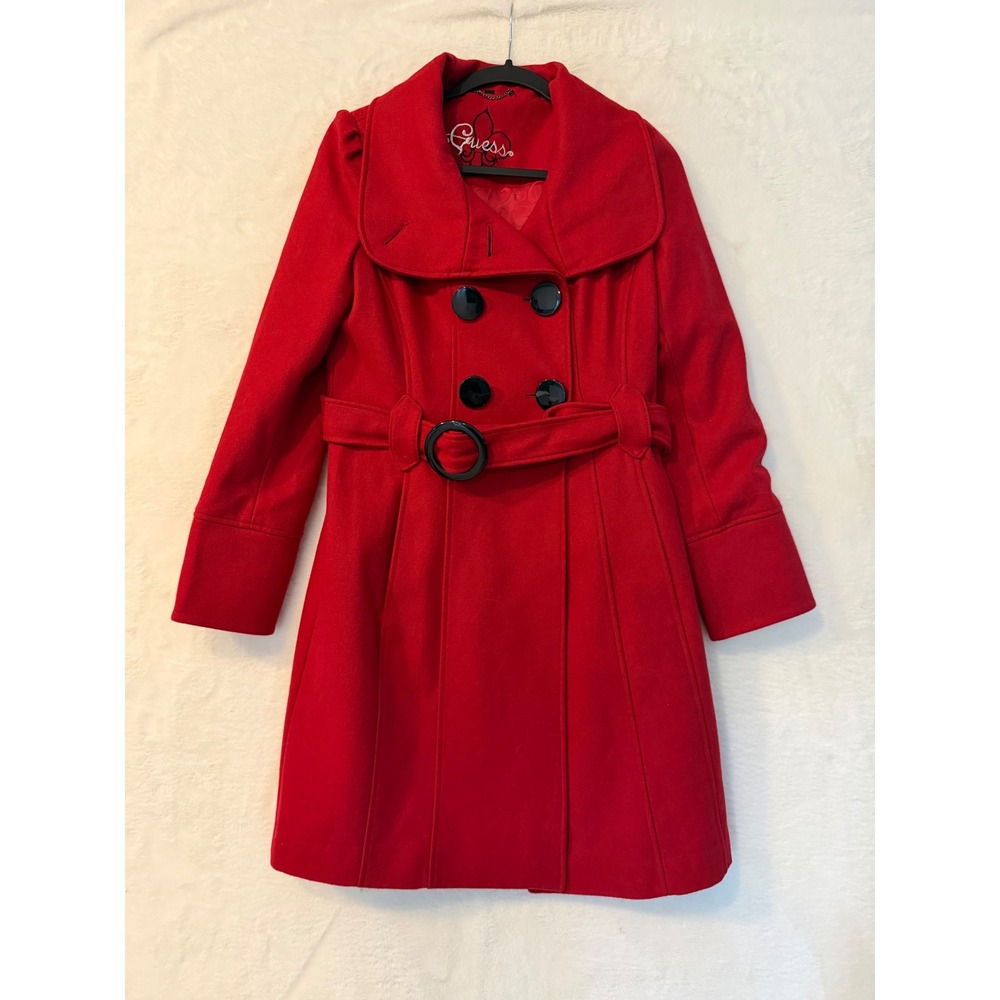 Guess Red Double Breasted Belted Pea Coat Women Size S Rouge Wool Blend Jacket